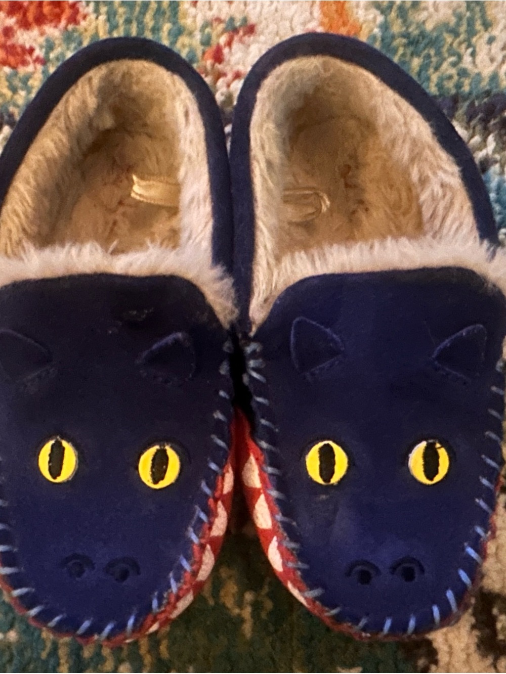 Mini Boden Navy Blue Fuzzy Monster Slippers with Yellow Eyes